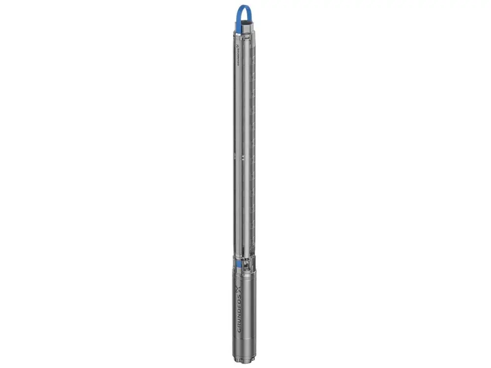Unterwasserpumpe von Grundfos mit schlankem, zylindrischem Design und blauer Spitze, ideal für Brunnenanwendungen.